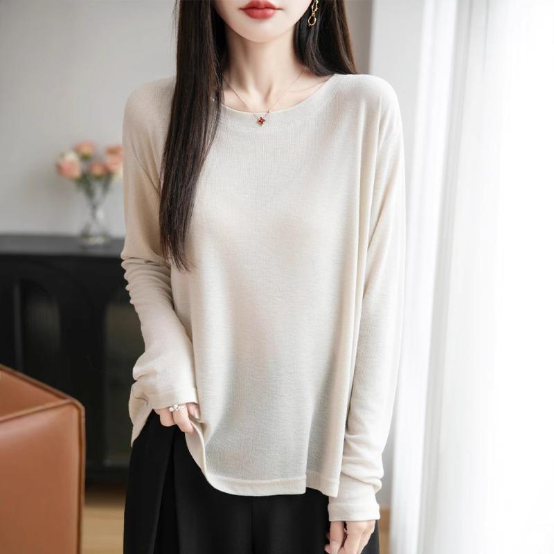Summer New Crew Neck Knitted Sweater Long-sleeved Solid Color Loose Versatile Pullover Bottoming Shirt Women's Knitted Sunscreen Shirt