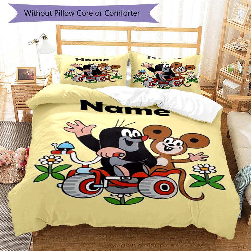 3pcs Custom Name Krtek Bedding Set Duvet Cover Closure Includes 1 Duvet Cover & 2 Pillowcases, Soft and Comfortable for All Seasons.