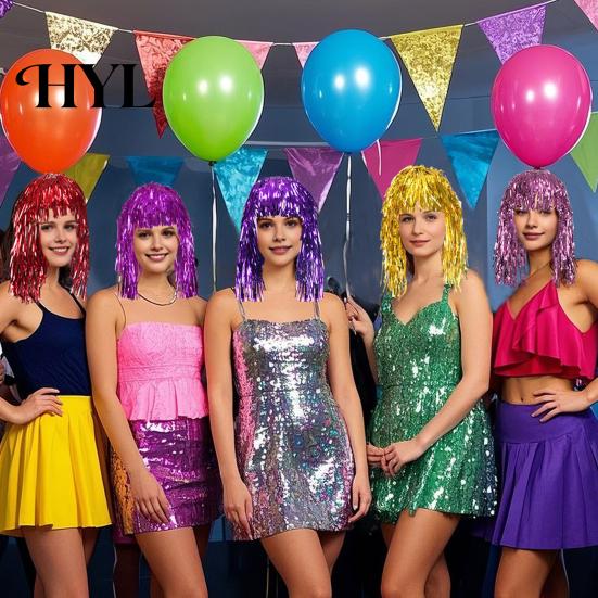 Party Accessory Foil Tinsel Wigs for Adults Fancy Dress Shiny Wig Glow Metallic Masquerade Disco Hat Photo Booth Prop Cosplay Supplies Long-Lasting