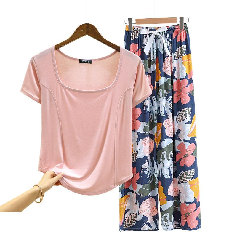 Fashion U Nek Tshirt and Floral Wide leg pants Summer fashion homewear 2pcs suit Loose Casual pajamas set comfort loungewear plus size