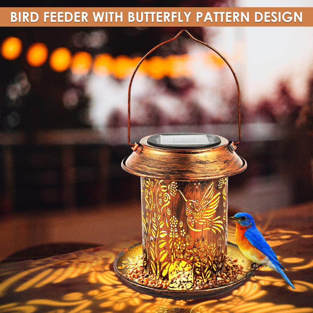 Solar Lantern Bird Feeder for Outside Hummingbird Metal Wild Bird Feeder Hanging Outdoor Garden Ornament Waterproof Light