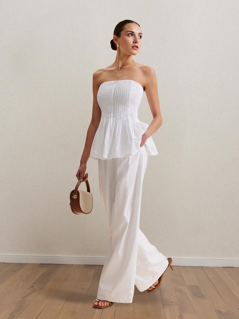 Spring and Summer New White Casual Off-shoulder Top, Trousers Fashion Suit, European and American Tube Top, Simple Commuter Women's Clothing