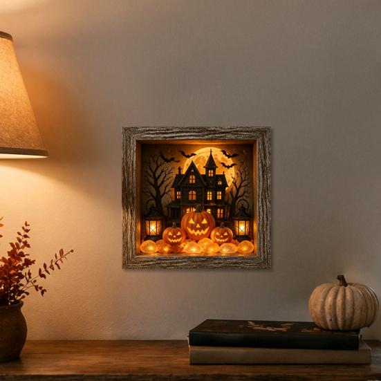 Unique Halloween Gifts Lighted Frame Ornaments, Light Up Shadow Box, Warm Small Figures Atmosphere LED Lights for Home Living Room Bedroom Decor