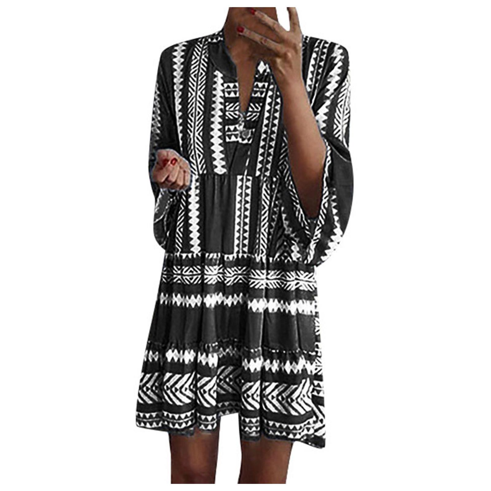 Женское свободное платье с длинным рукавом в стиле бохо в стиле ретро с графическим — фото 5