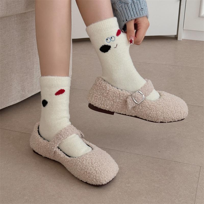 Australian Velvet Socks, Cute Cartoon Puppy, Fluffy Fabric Label Mid-calf Socks, Warm and Soft Sleeping Socks