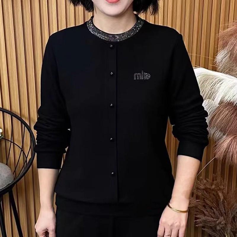 

Autumn/Winter Rhinestone-Studded Plus Size Women s Long Sleeve Button-Up Blouse M чёрный