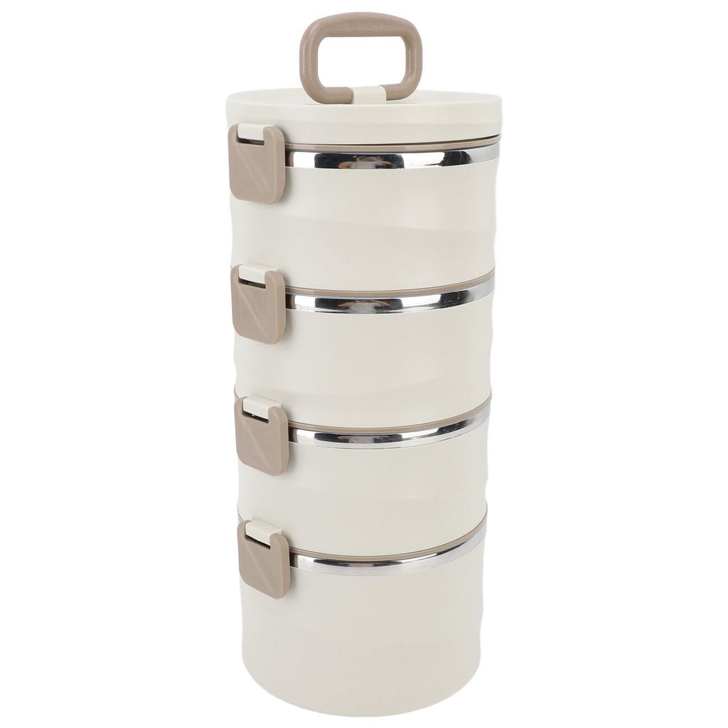 3.3L 4 Tier Insulated Lunch Box 304 Stainless Steel Food Container Round Stackable Bento Box with 2 Integral Fork Spoon