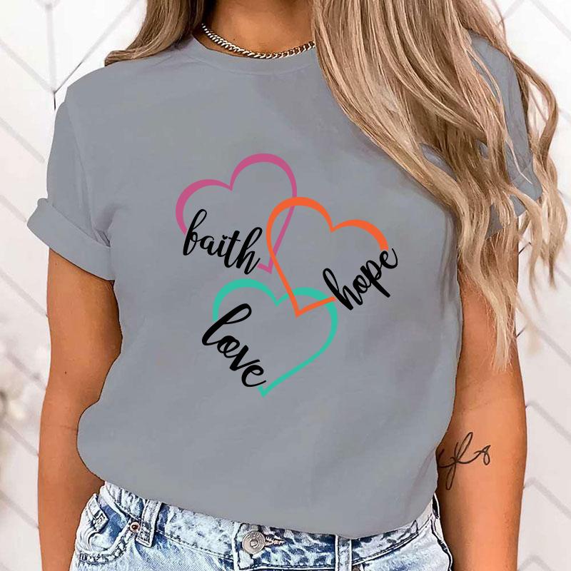 (High Quality Clothes)Funny Breast Cancer Awareness Faith Hope Love Letter Printing T-Shirts For Women Summer Tee Shirt