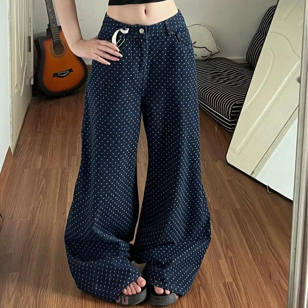 American high street retro polka dot straight jeans women's autumn high street design sense loose and thin drape wide-leg pants