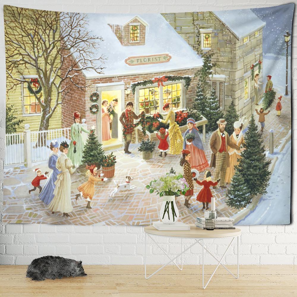 Christmas Snowy Night Travel Map Tapestry Wall Hanging Psychedelic Forest House Illustration Home Living Room Decor