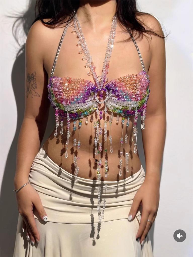Festival r Women's Colorful Crystal Gem Body Chain Beads Pearl Halter Top Sexy Small Vest with Body Jewelry