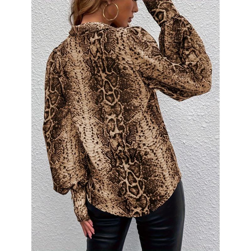JKASHDK Women's Fashion Casual Spring Autumn Leopard Print Long Sleeve POLO Neck Blouses & Shirts