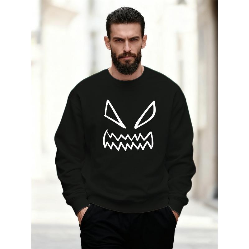 Men'S Casual Round-Neck Sweatshirt with a Minimalist Monster Face Design