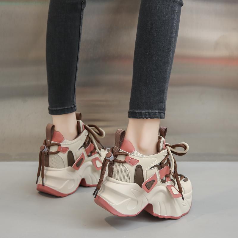 Fashion Fashion 8CM High Platform Sneakers Women Thick Sole Non Slip Sports Dad Shoes Woman Korea PU Leather Chunky Sneakers 2024 Spring