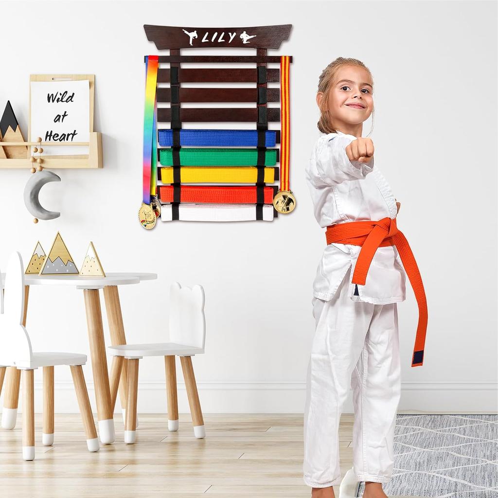 Bamboo/Wood Karate Belt Display Rack, 8 Belt Taekwondo Belt Display with Stickers, Martial Arts Belt Display Holder, Jiu Jitsu BJJ Belt Display