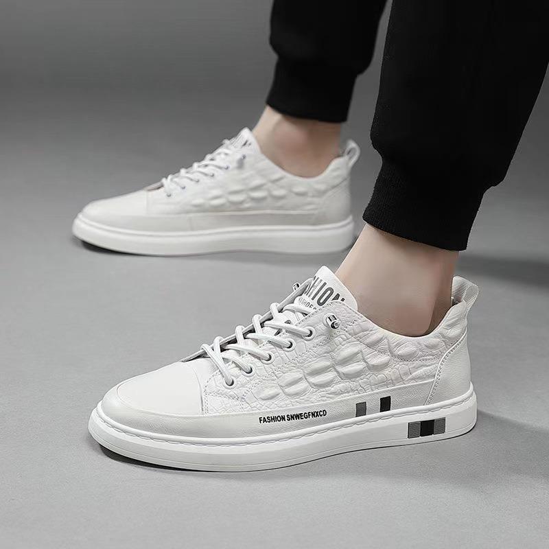 Men's Shoes Crocodile Pattern White Shoes Men's Breathable Round Head Sports and Leisure Versatile Board Shoes Rubber Sole