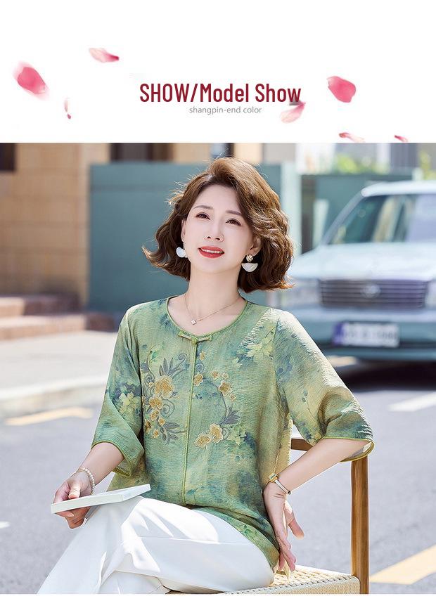 Stylish Chinese Mid-Sleeve Top for Women - Printed, Loose Fit, Petite, Round Neck, Mid-Aged & Elderly Summer Shirt