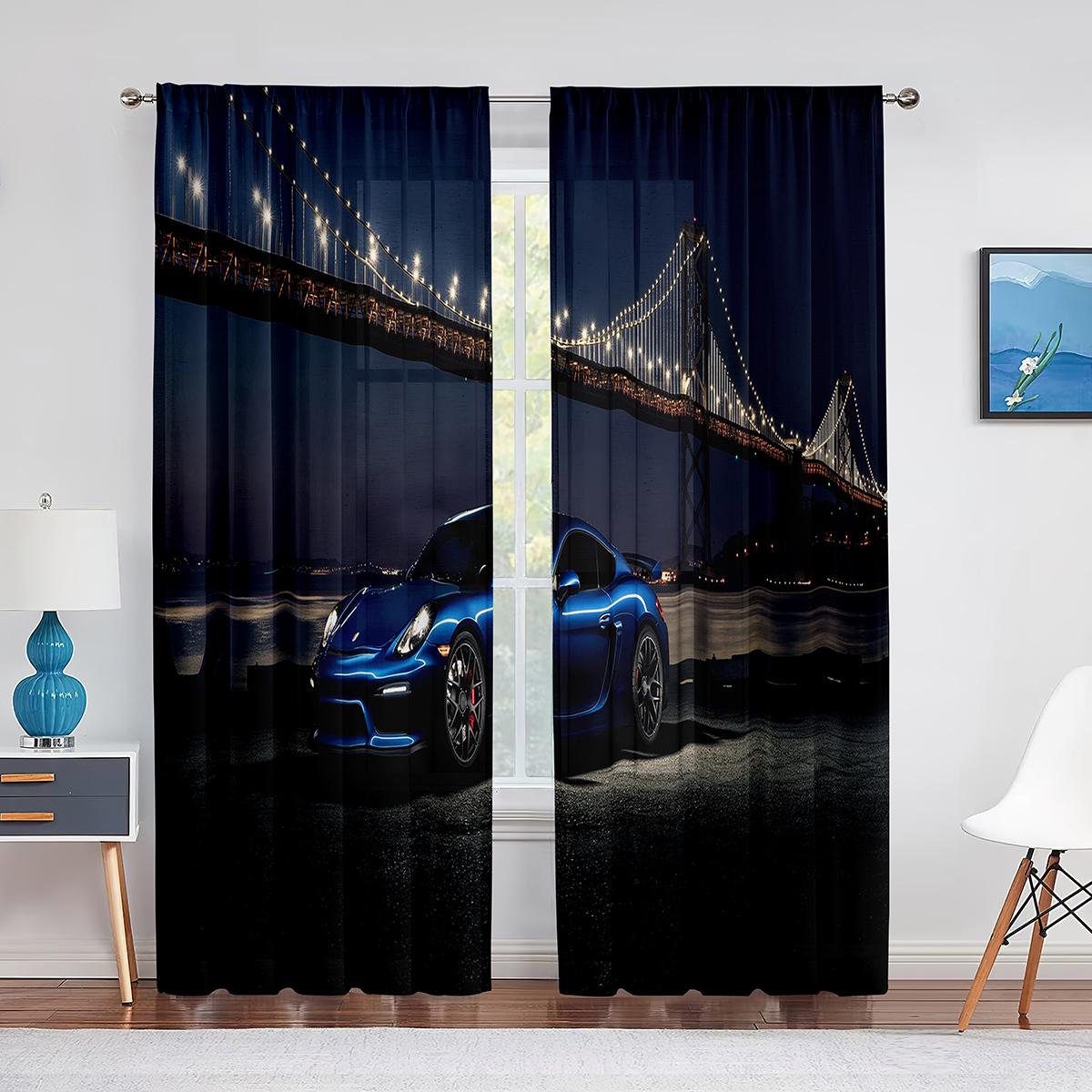 Тюлевые шторы со спортивным автомобилем и американским флагом для спальни — фото 13