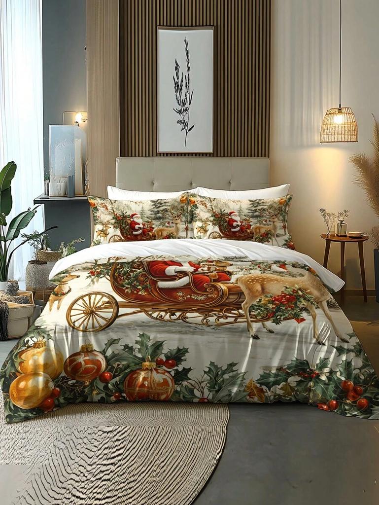 2/3pcs Christmas Tree, Gift Box, Snowflake, Deer, Santa Clause Digital Printing Brushed Duvet Cover Set, Soft & Comfortable