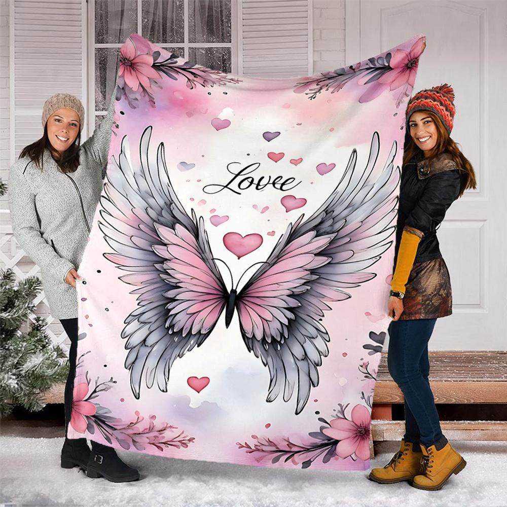 1pc Angel Wings Heart Love Outdoor Flannel Blanket , Machine Washable Perfect Gift for Birthday , Holiday Travel Accessory , Durable Material