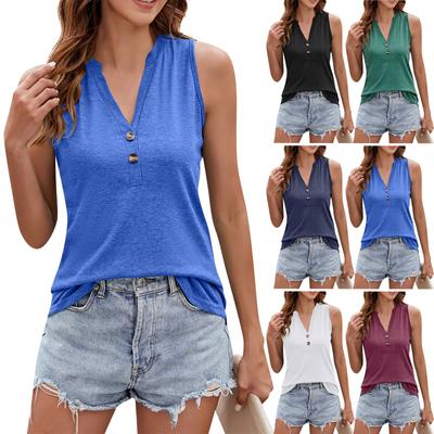 Summer Tops For Women Trendy Womens V Neck  Button Loose Sleeveless  Tank Tops
