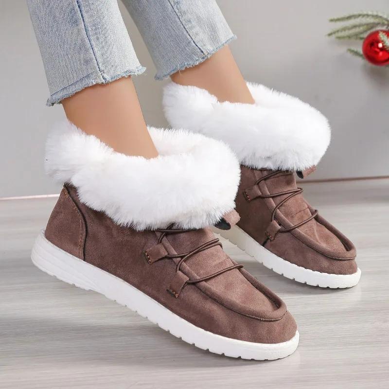 Winter New Flat Boots Women's Fashion Round Head Front Lace-up Suede Short Hair Comfortable Short Boots