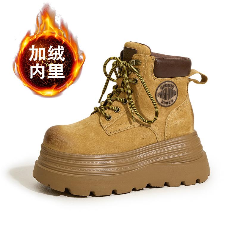 Thick-soled Inner Height-increasing Martin Boots Women's 2025 Autumn and Winter New Rhubarb Boots Medium Tube Velvet Warm Versatile Western Short Boot