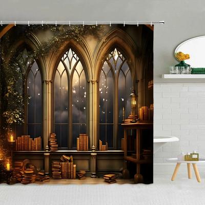 Cortina de Chuveiro Biblioteca 3D, Estante de Livros Vintage Livros Gótico Mágico Poliéster Tecido Estampado Acessórios Decorativos para Banheiro Banheira