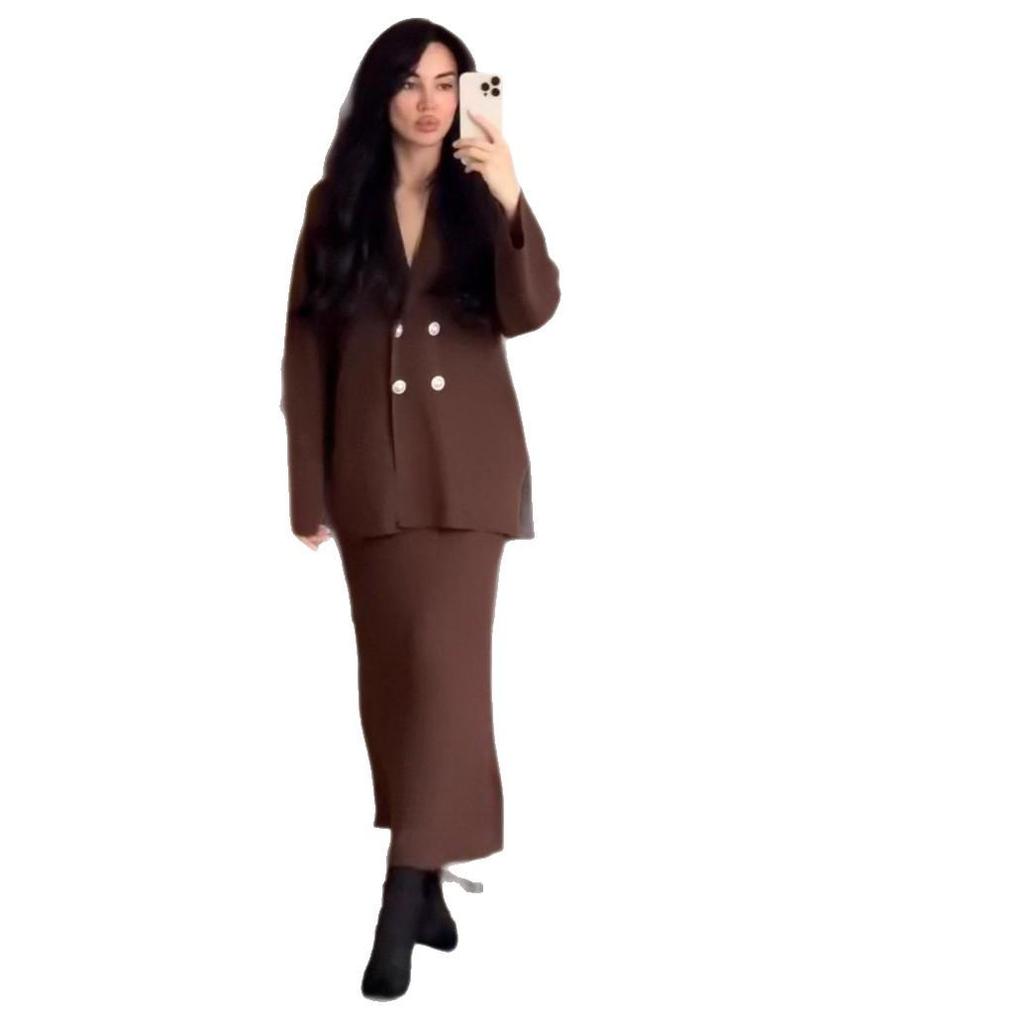 2025 Autumn Women's Knitted Sweater Cardigan and Midi Skirt Set - European & American Fashion