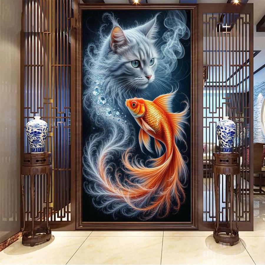 Fish and Cat Large Size Diamond Painting Animals Diy Full Square Round Drill Rhinestone Embroidery Mosaic Cross Stitch Kits Wall Decor