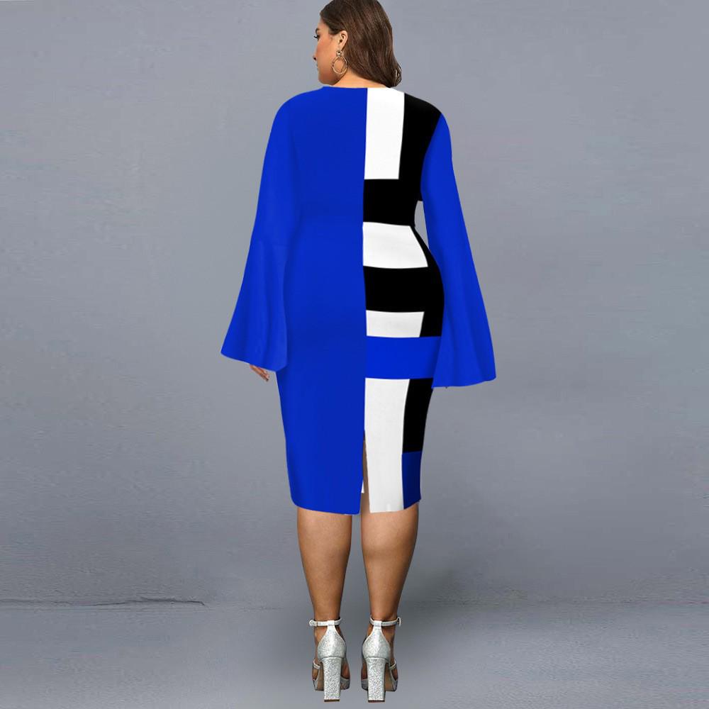 2024 Plus Size V-neck Bodycon Dress with Bell Sleeves and Positioned Print