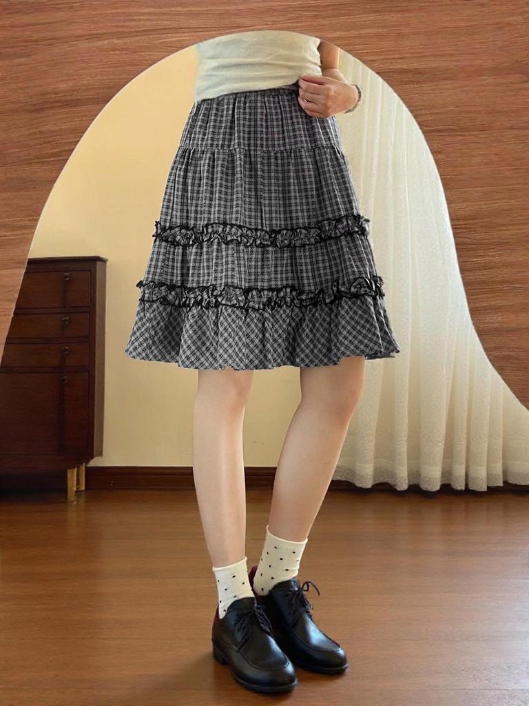 Korean Academy Style Plaid Lace Patchwork Midi Skirt - Spring/Summer New Arrival