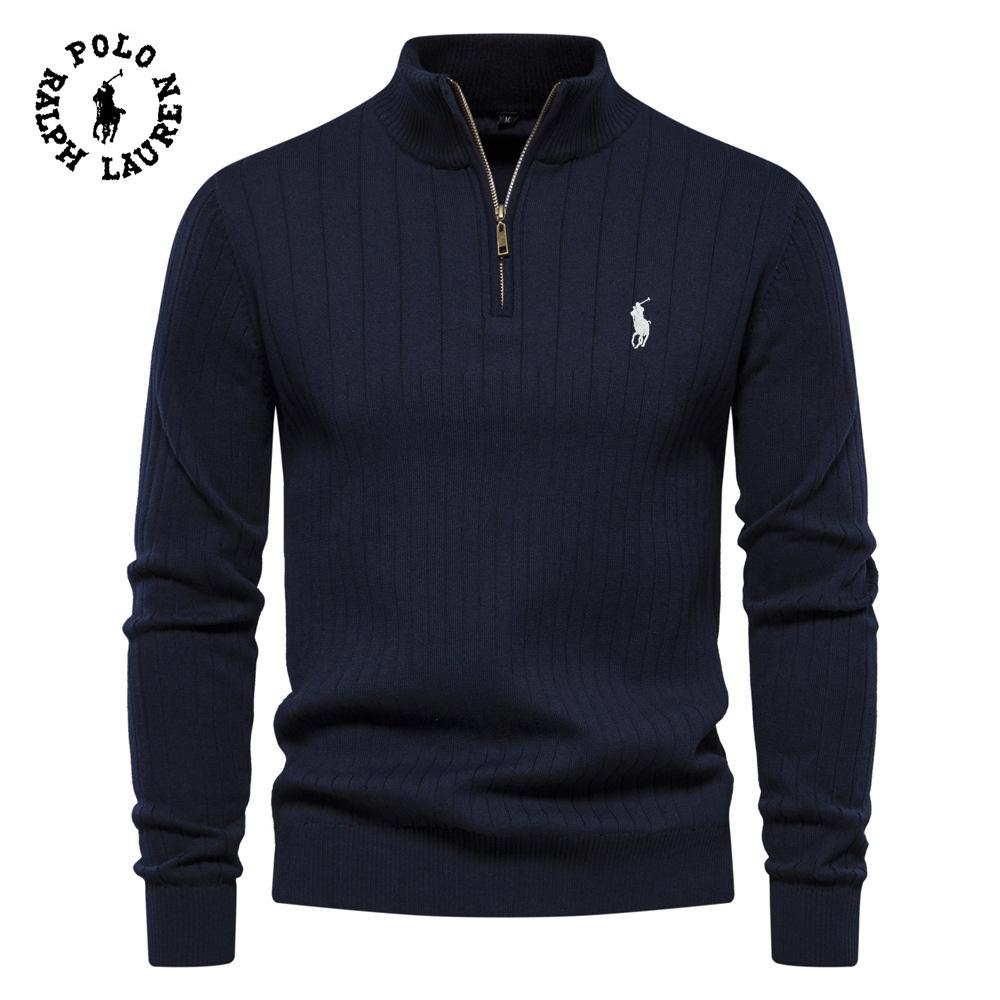 Ralph Lauren Embroidered Stand Up Collar Cotton Men's Sweater Casual Half Zipper Solid Color Pullover High-quality Men's Knitted Sweater