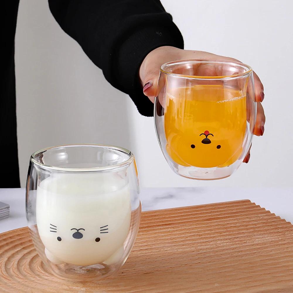 Double Glass Coffee Mug Coffee Cup Cartoon Cute Bear Cat Duck Glass Cup Anti-Scalding Breakfast Milk Lemon Juice Cups Drinkware