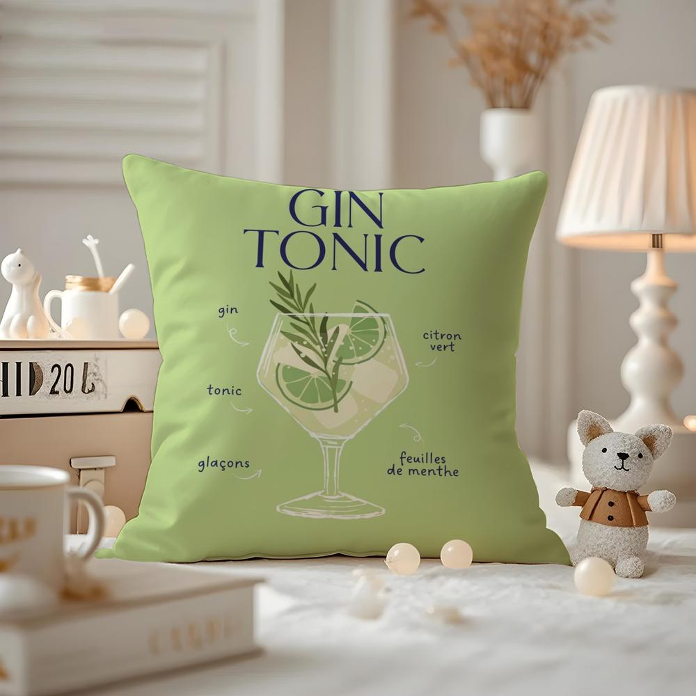 Gin& Tonic Cocktail Painting Cushion Cover Anti-dustmite Pillowcase Invisible Zipper Silky Short Plush Sofa Cushion Cover