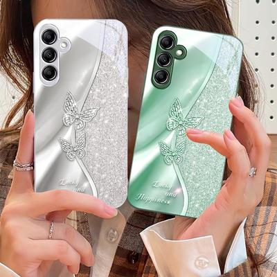 פרפר מוזהב למארז טלפון זכוכית Samsung Galaxy A14 4G 20 30 52 20S 21S 22 A32 33 34 42 50 51 53 54 70 71 72 73 5G