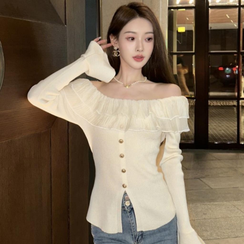 Double ruffle edge flared sleeve knitted sweater women's one-word shoulder backless tight elastic split-ended sweater