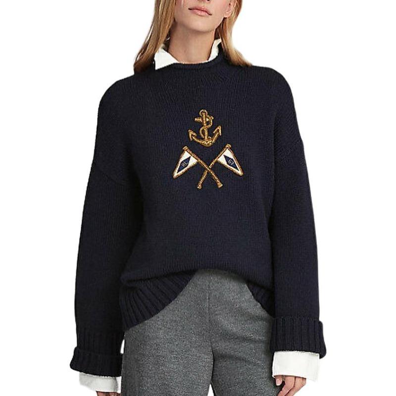 Ralph Lauren Crest Logo Embroidered Long Sleeve Pullover Knit Sweater Women 211762022-001