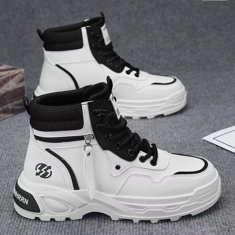 

High-top men s shoes autumn casual mountaineering sports non-slip tooling shoes leather surface waterproof thick sole heightening white Martin boots 44