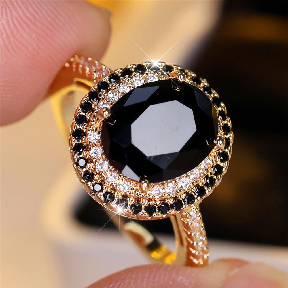 Luxury Crystal Black Zircon Stone Oval Rings For Women Vintage CopperColor Wedding Band Bridal Jewelry Engagement Gift