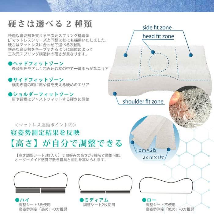 France Bed Pillow White 57 x 37cm Shoulder Fit Pillow Medium Pillow that matches the firmness of the LT mattress Disinfecting Washable Made in Japan