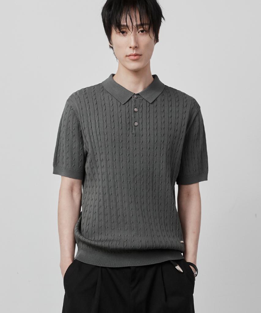 Ssei Standard Cable Collar Short Sleeve Knit Khaki