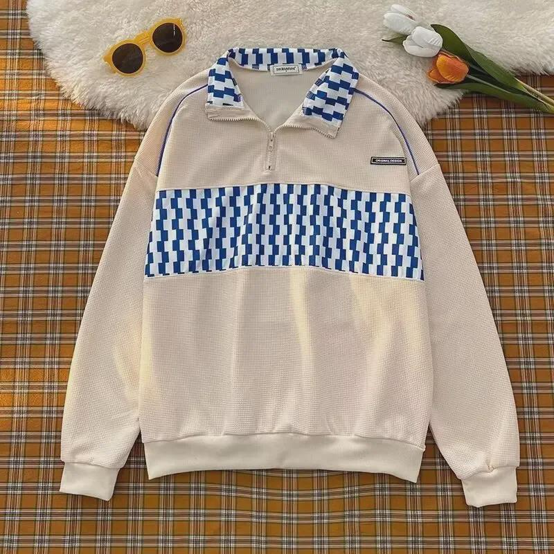 Men's Spring Casual Checkerboard Polo-Collar Sweatshirt - Retro, Loose-Fit Fashion Trend