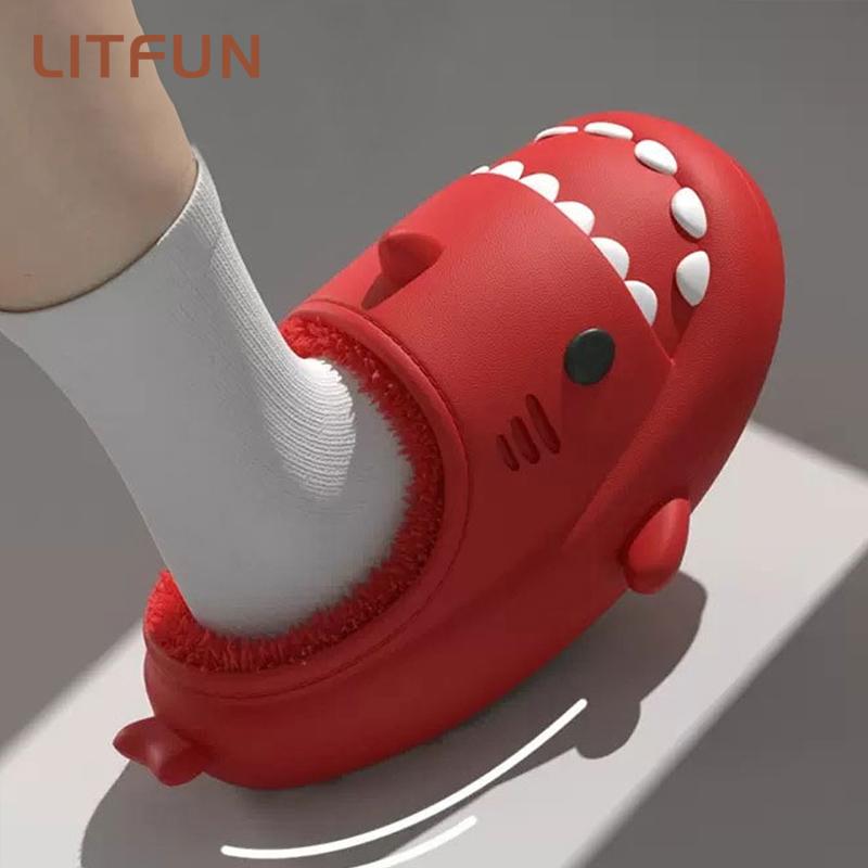 Fashion Litfun Fur Plush Shark Slippers Women Men Winter Cozy Fur Shark Slides Cartoon Furry Home Shoes Platform Waterproof Shark Slides