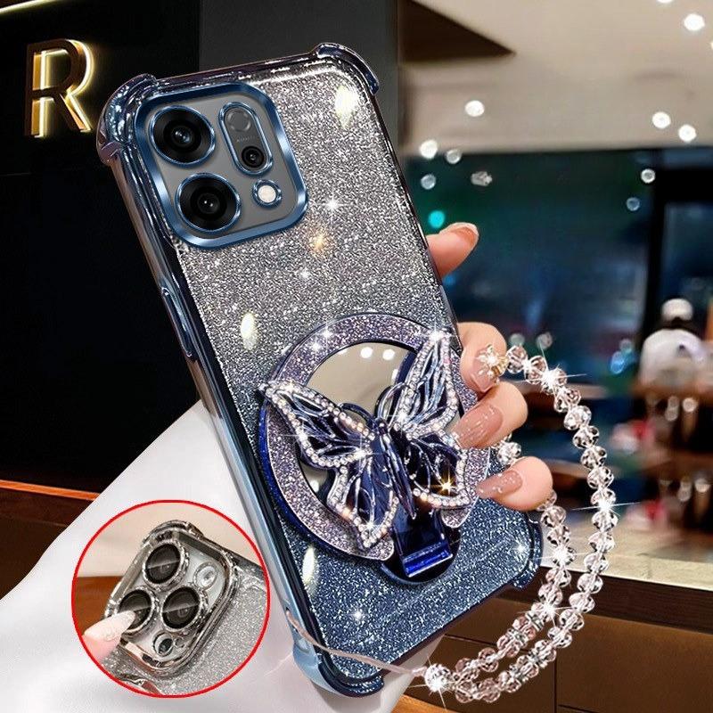 Glitter Butterfly Mirror Crystal Bracelet Case For OPPO Reno 14 13 12 11 10 Pro Plus Shockproof Plating Silicone Cover