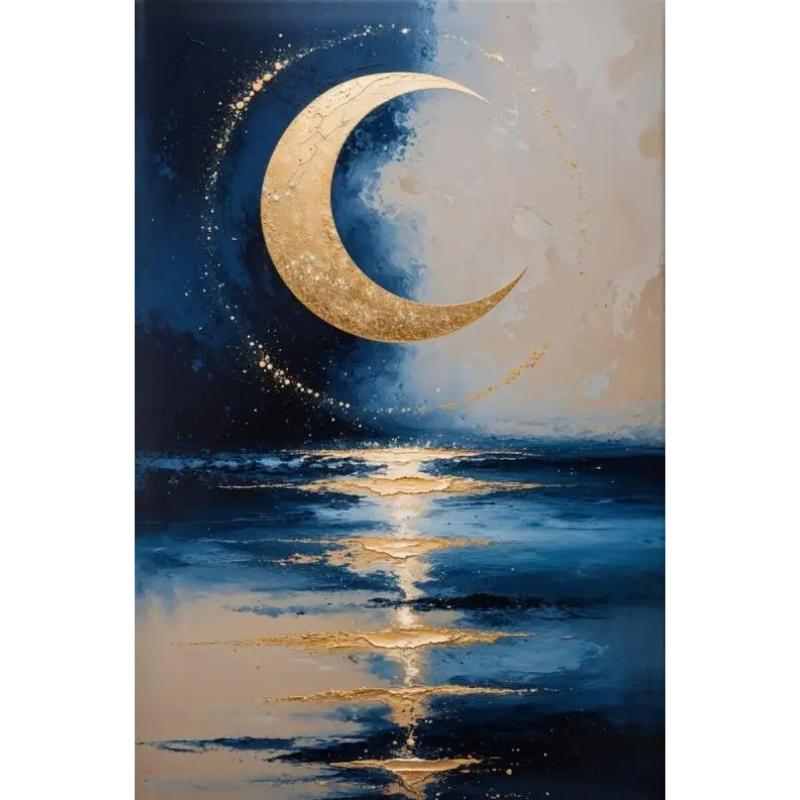 Fantasy Mondsichel Leinwandbild für Wohnzimmer Heimdekoration Mond am Sternenhimmel Poster Druck Abstrakte Wandkunst