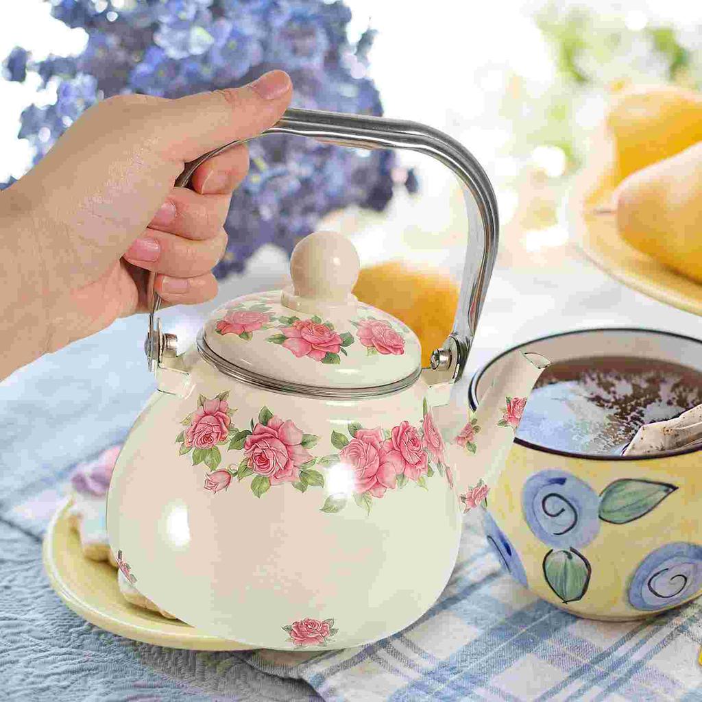1 Liter Vintage Enamel Teapot with Japanese Design Convenient Brewing Elegant Flower Pattern Insulated Stovetop for Camping
