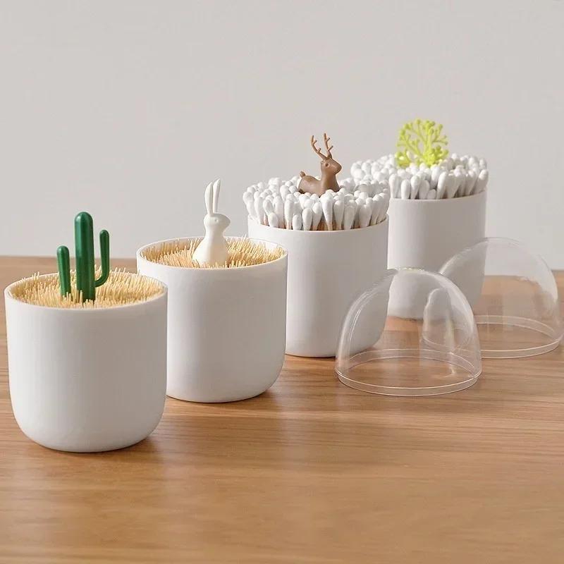 1pc Creative Toothpick Holder Plastic Cotton Swab Holder with Cute Mini Cactus Trees Rabbit Table Accessories Home Decor
