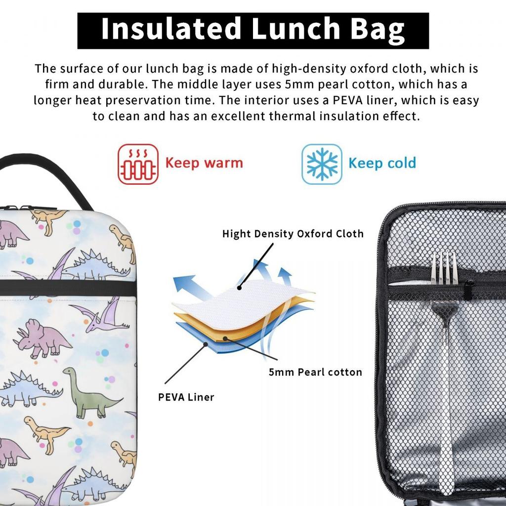 Cartoon Light Color Dinosaur Pattern Insulated Lunch Bag for Women Kids Leakproof Food Boxes Thermal Lunch Box Tote