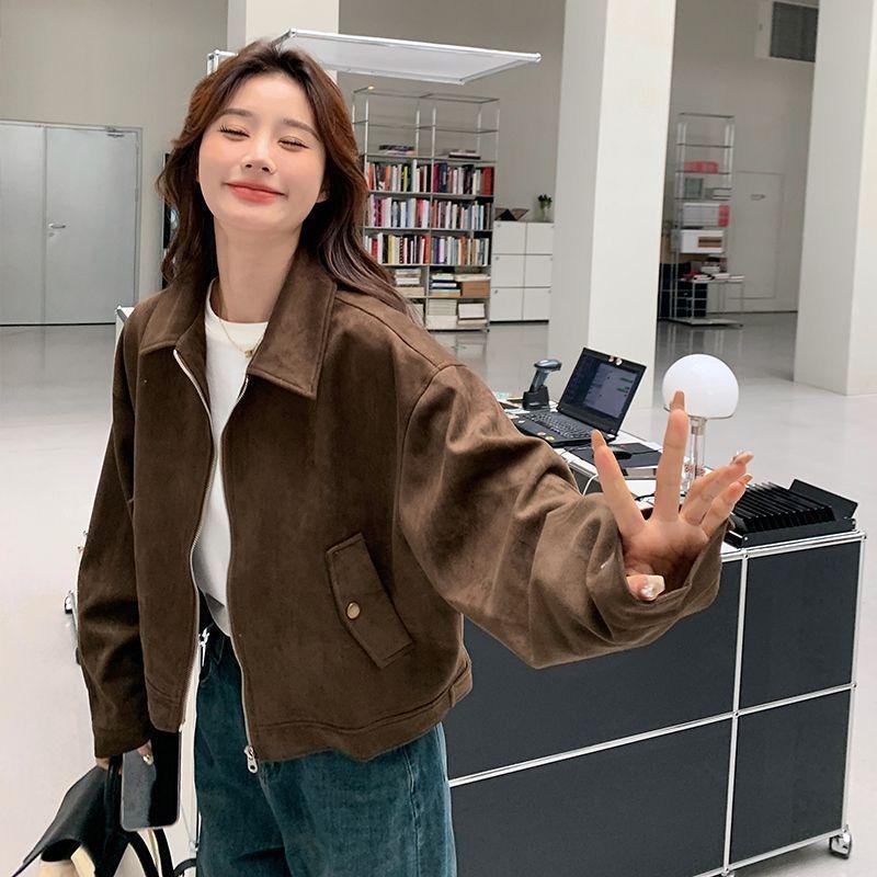 Vintage Brown Suede Moto Jacket Women Short Style Trendy Coat